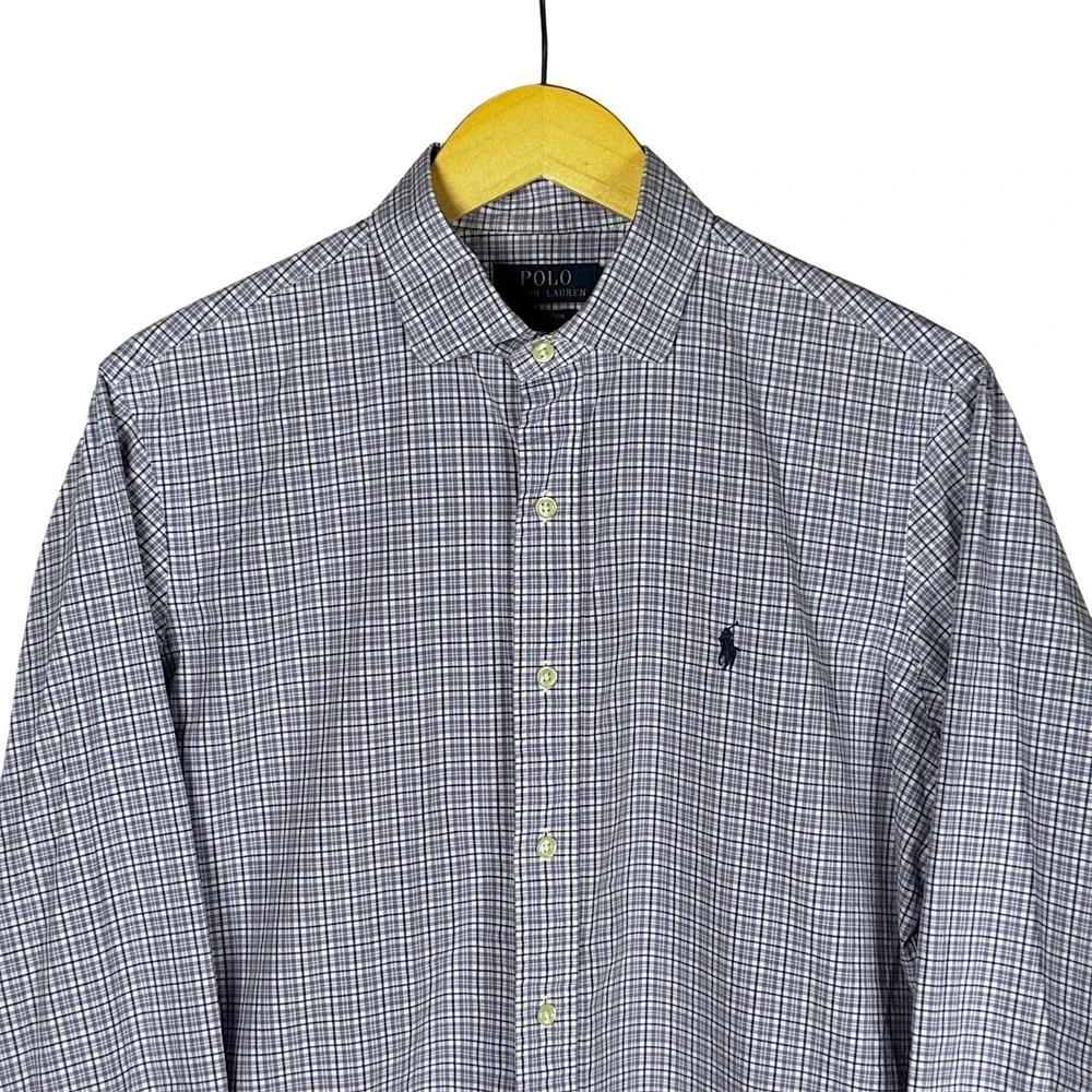 Polo Ralph‎ Lauren Mens Button Down Shirt Purple Plaid Stretch Cotton Size M
